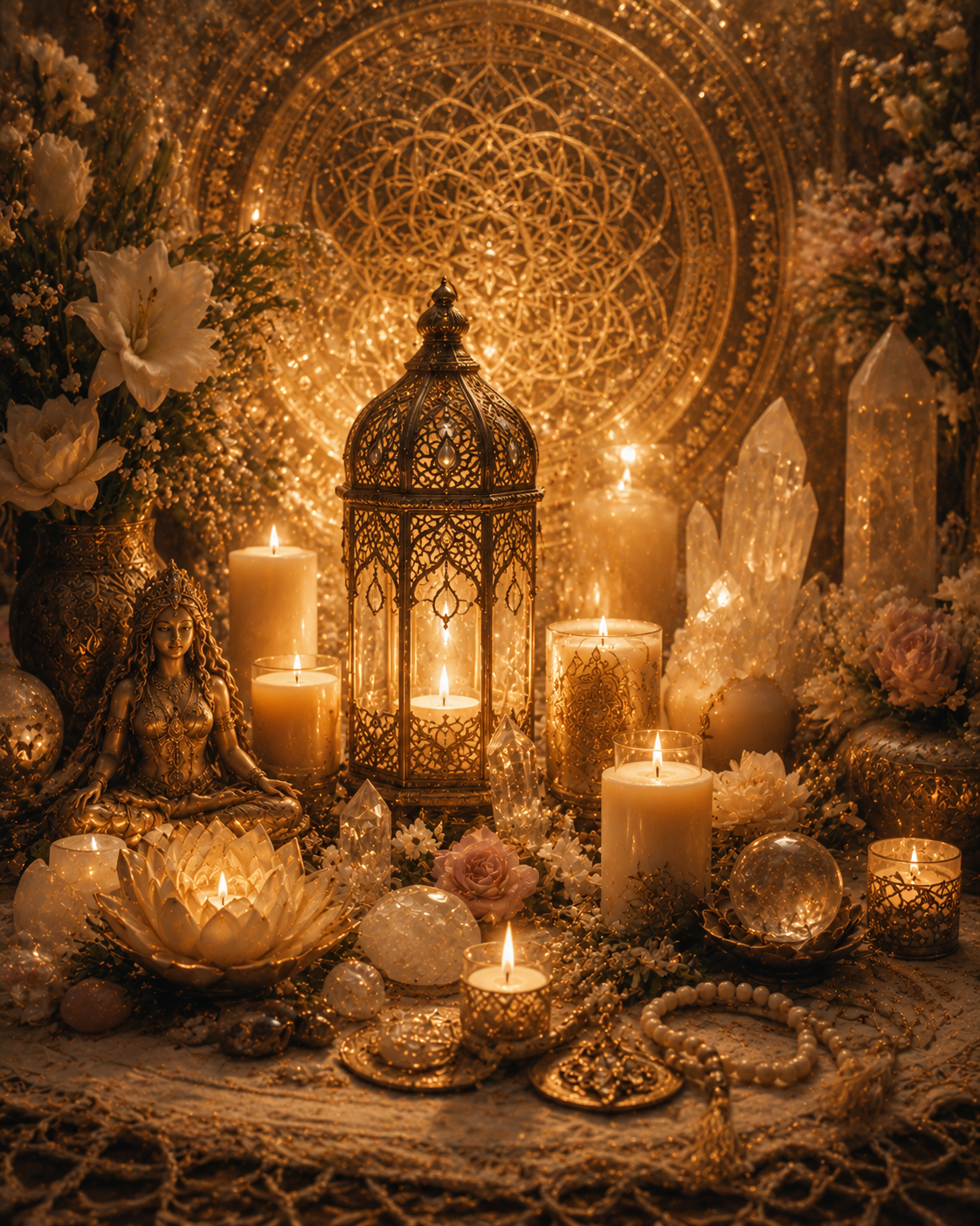 A candle-lit altar with a lantern, crystals and flowers