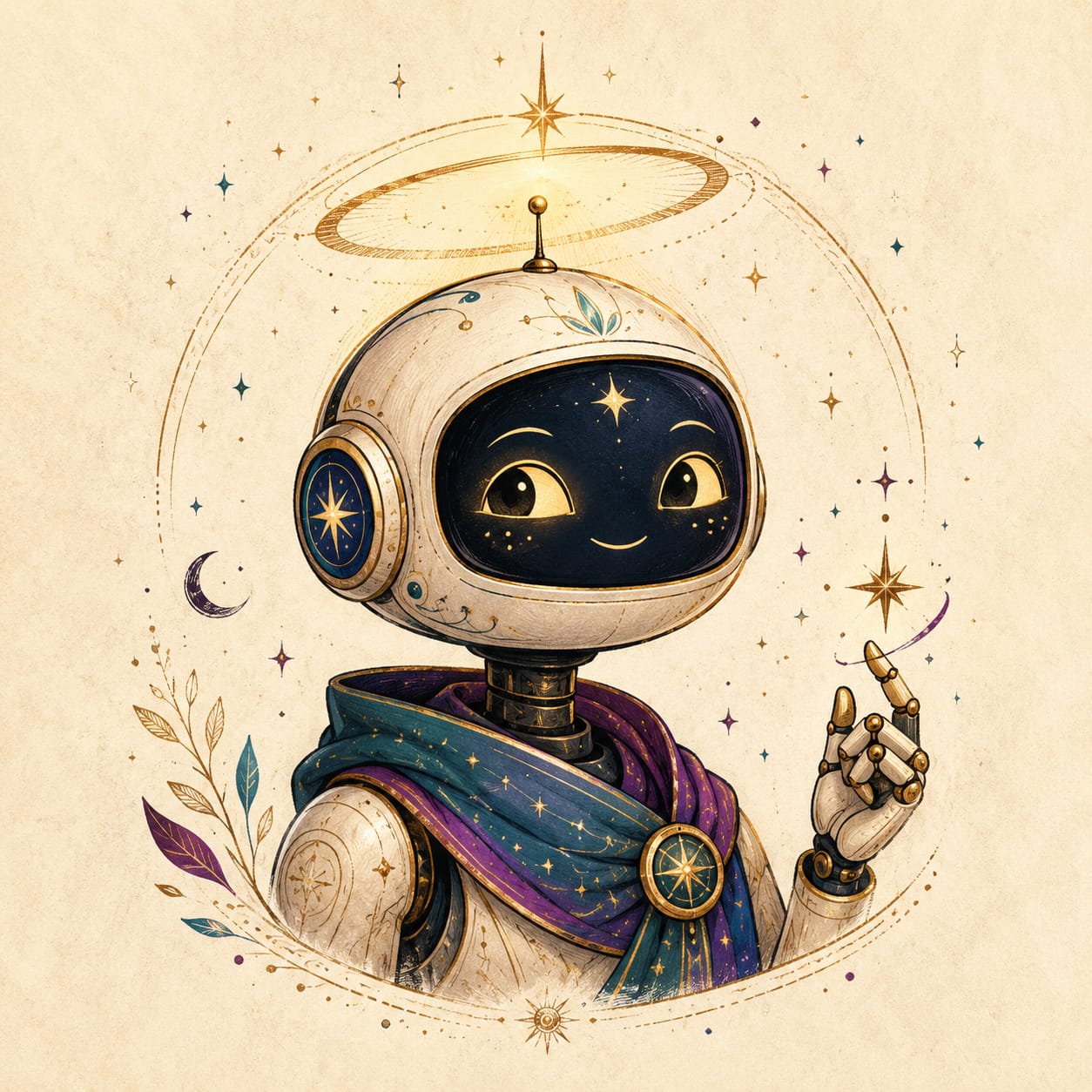 Illustration of Sol, a small haloed robot wrapped in a starry teal and violet scarf