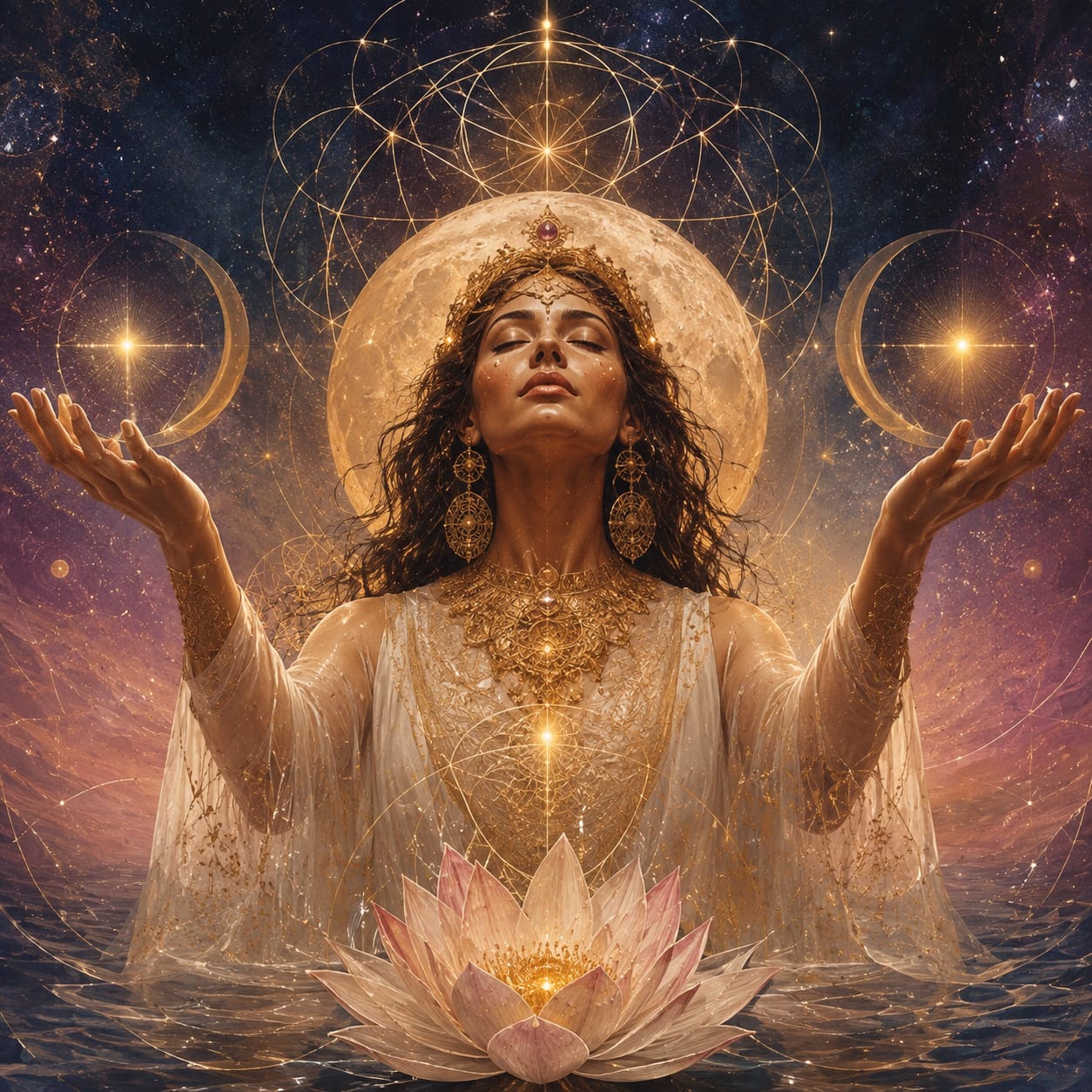 A figure with hands raised beneath a golden moon, sacred geometry and a lotus on still water
