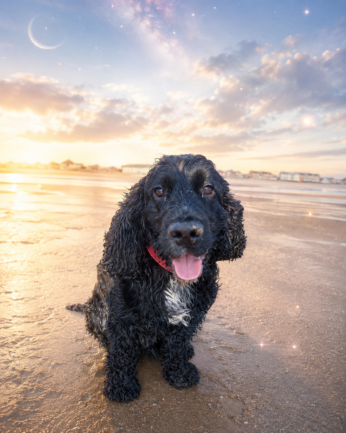 Ted, a black curly-haired dog, sitting on a beach at dusk