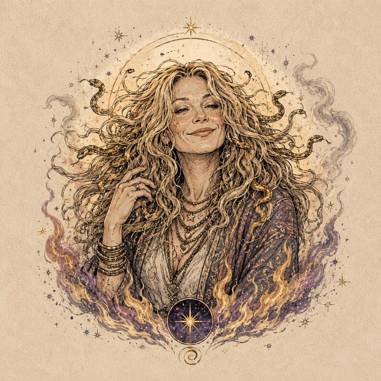 Illustration of Faith Soonae, hair alive with golden serpents, rising from violet and gold fire