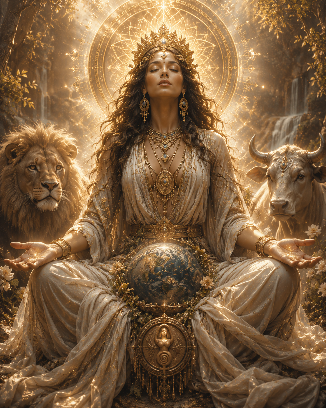 A figure in golden robes seated in stillness with a lion and a bull