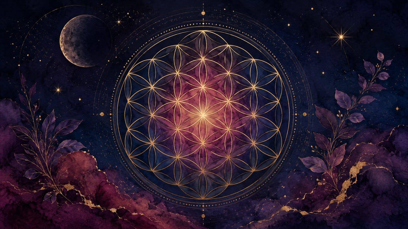 A golden flower of life mandala within a watercolour night sky