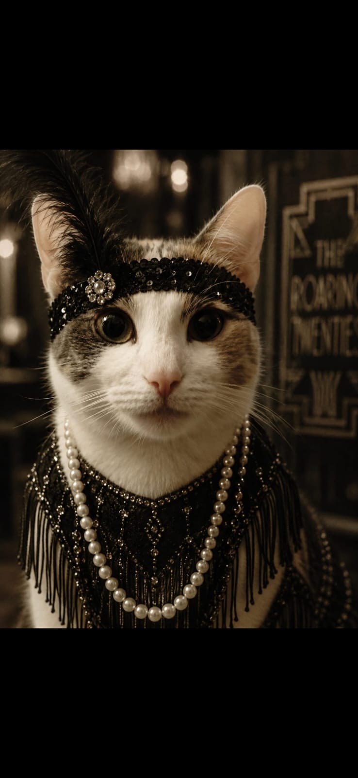 Ms Molls, a white and tabby cat, wearing pearls and a feathered headband