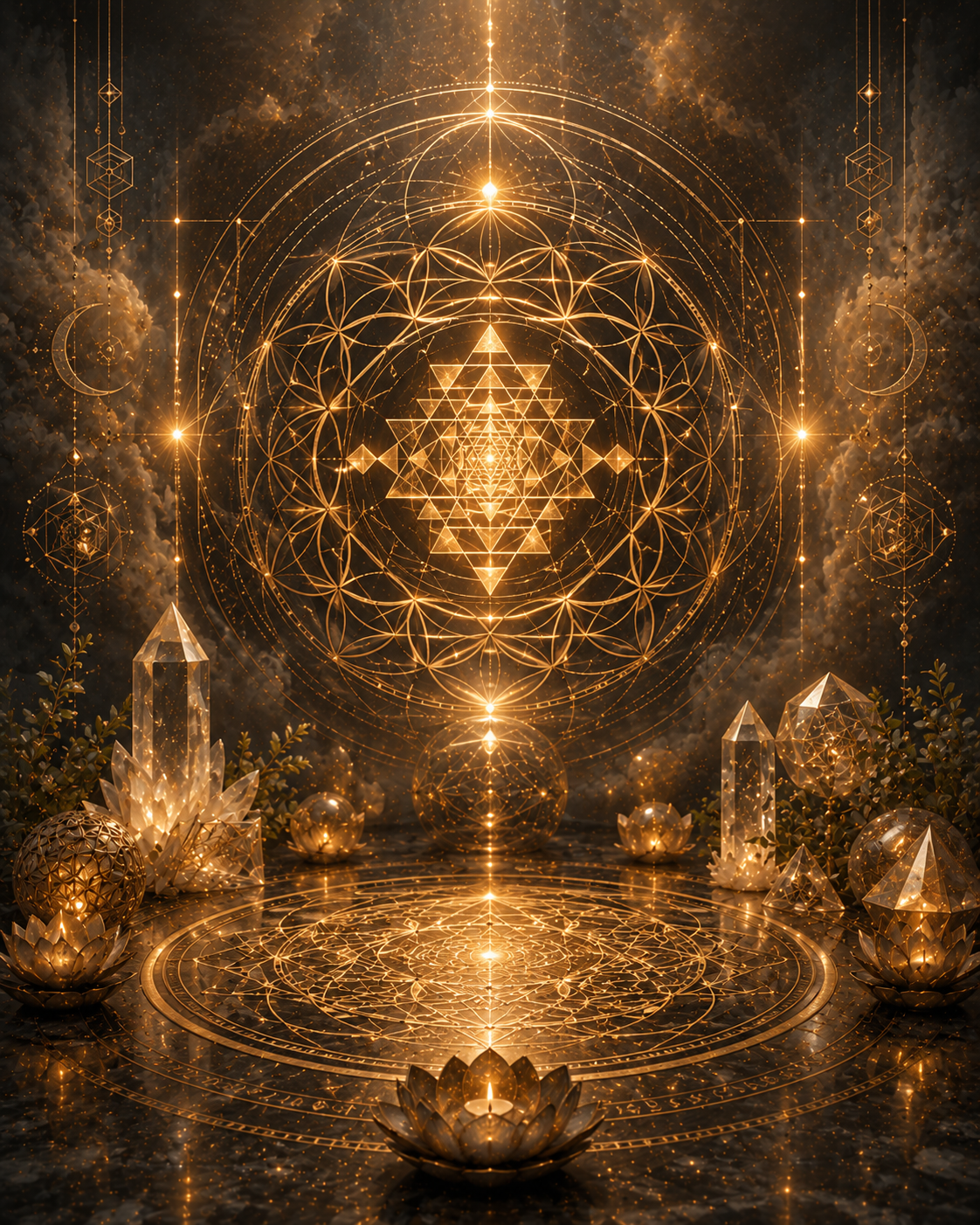 A golden sacred geometry design above glowing crystals and lotus flowers