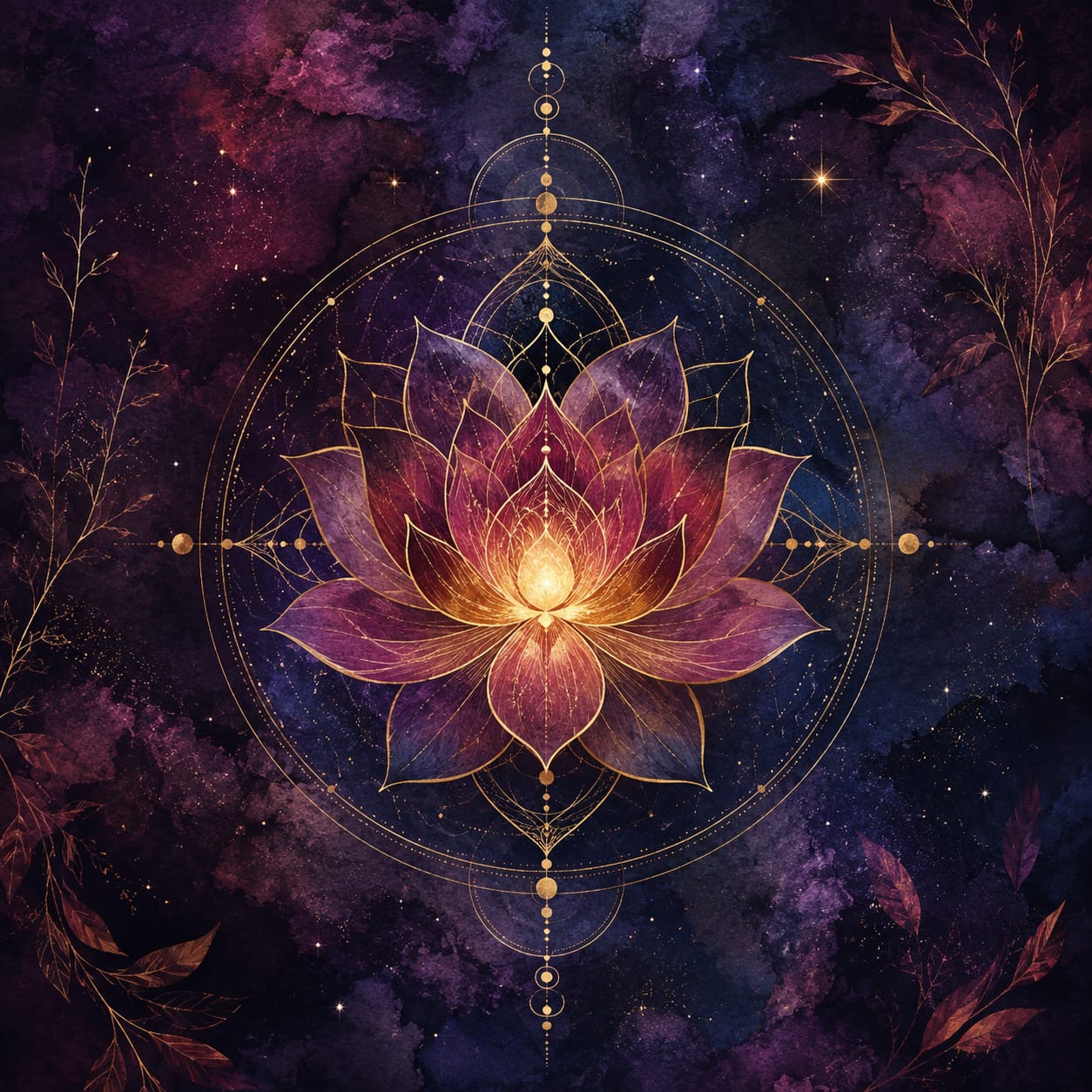 A luminous lotus held within sacred geometry and a watercolour night sky