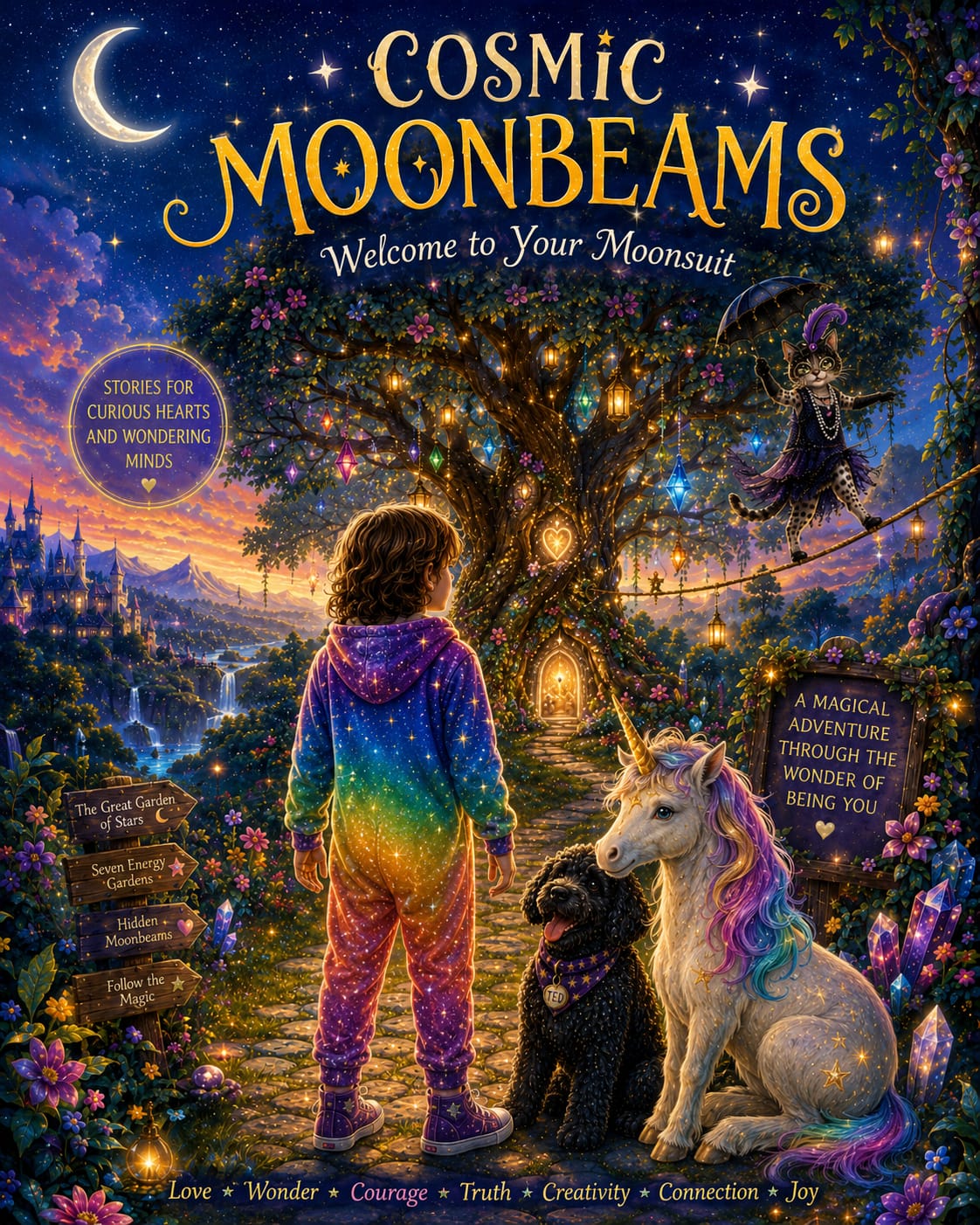 Cosmic Moonbeams ~ a child in a starry moonsuit beside Ted and a unicorn under a lantern-lit tree