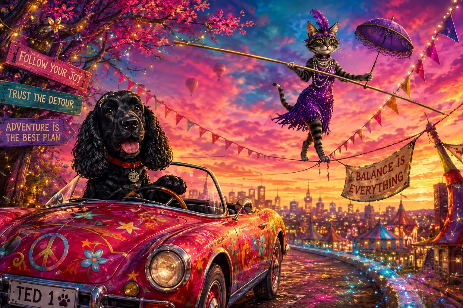 Ted the black spaniel driving a flower-painted car while Ms Molls balances on a tightrope above